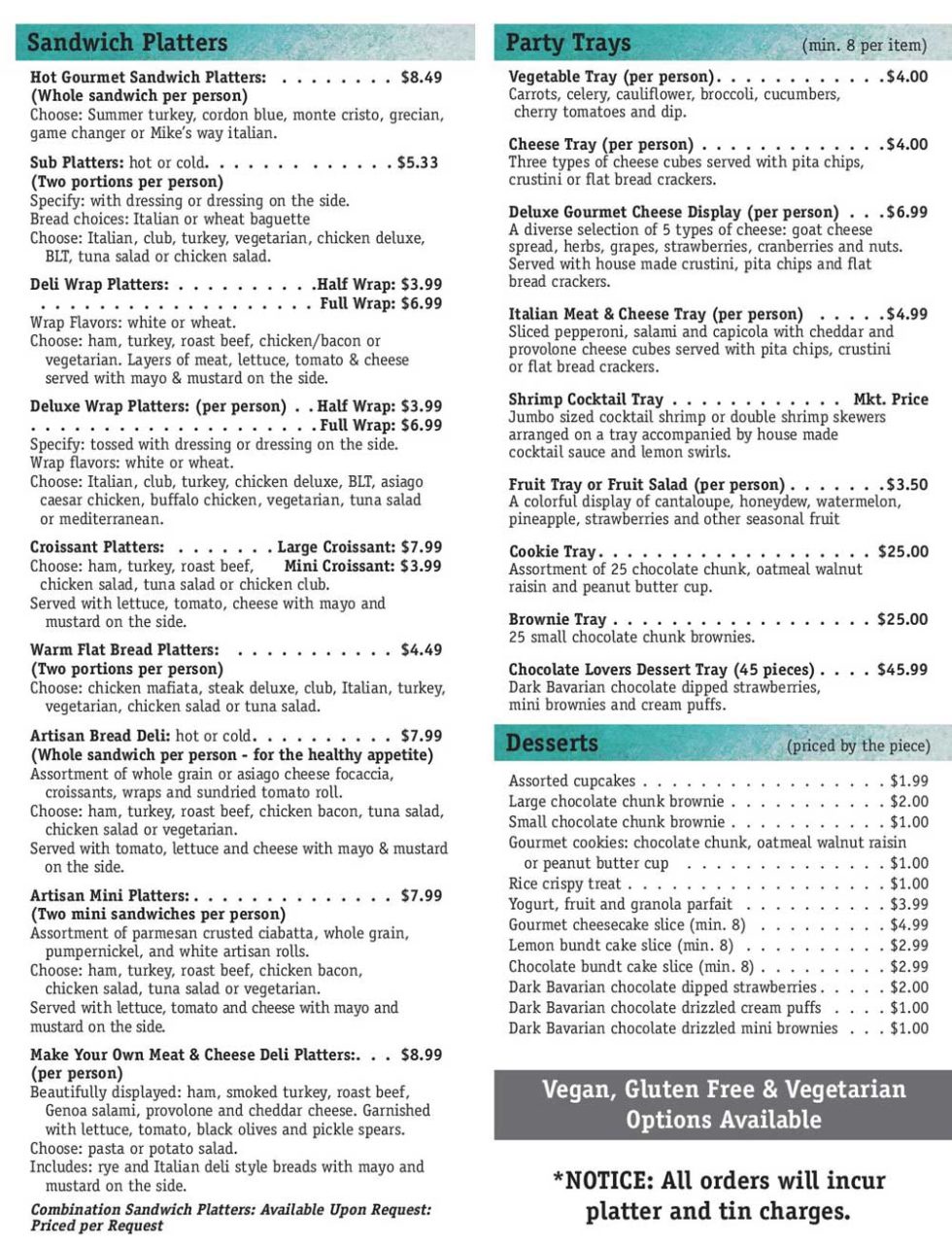 Catering Menu For Michaels Cafe