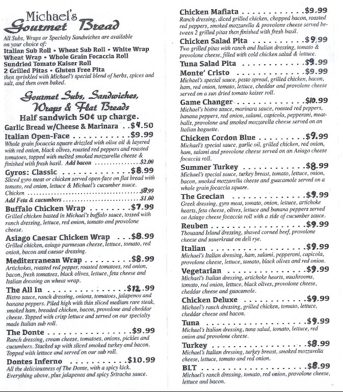 Cafe Menu - Michaels Catering and Cafe