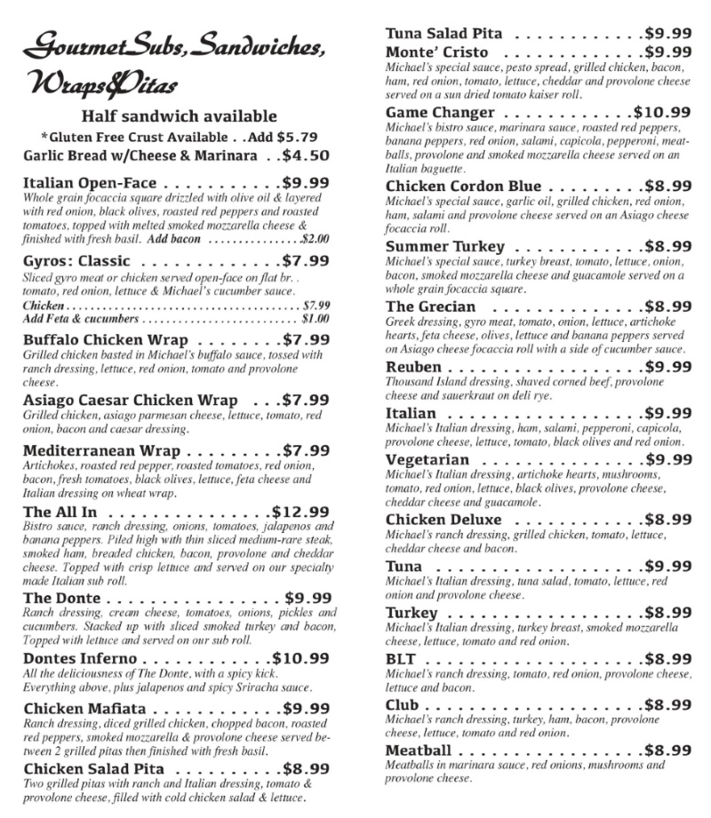 Cafe Menu - Michaels Catering and Cafe